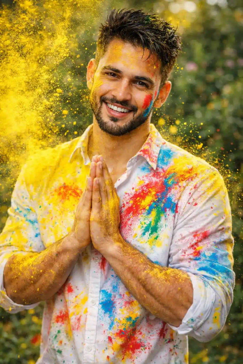 Golden Explosion – Ultra-Realistic Holi Portrait